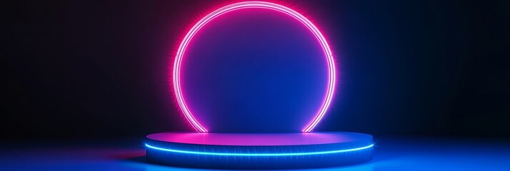 Poster - A modern neon stage with a blue and pink circle glowing, symbolizing creativity, innovation, technology, energy, and futuristic design.