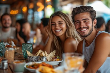 Young happy people having lunch together in Mexican restaurant, Generative AI