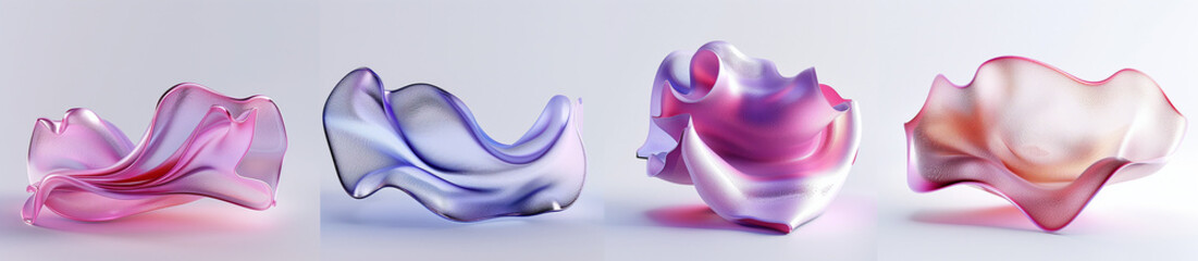 Poster - 4 different pastel pink and purple glass sculptures on a white background.