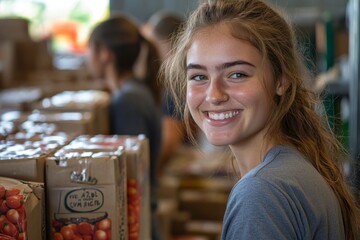 Happy woman packing donated food with group of volunteers at community service center, Generative AI