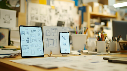 Close-Up of a Hands-Free Table Exhibiting Evolution of Product Designs from Sketches to Polished Prototypes