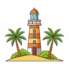 Wall Mural - charming lighthouse and coconut trees vector illustration