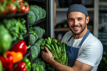 Happy cook taking fresh vegetables from  pantry and looking at camera, Generative AI