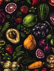 Wall Mural - A black and white drawing of various fruits and vegetables. The drawing is full of detail and color, and it conveys a sense of abundance and freshness