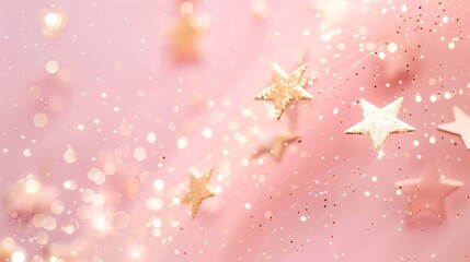 Wall Mural - pink background with white stars and sequins. A banner for a holiday or a burenka with a place for text.