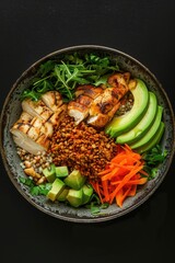 Wall Mural - A bowl of food with chicken, avocado, and carrots. The bowl is on a black background