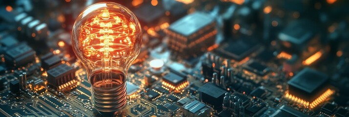 Poster - A glowing light bulb symbolizes innovation, creativity, and inspiration, placed on a circuit board representing technology, progress, and the future.
