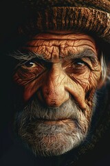 Wall Mural - A man with a beard and a hat is staring at the camera. The man's face is wrinkled and his eyes are wide open. The image has a serious and contemplative mood