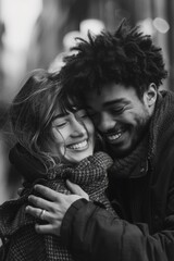 Poster - A man and a woman are hugging each other. The woman is wearing a scarf and the man is wearing a jacket. They are both smiling and seem to be happy