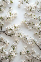 Poster - A close up of white flowers with green leaves. The flowers are arranged in a way that creates a sense of depth and texture, with some branches overlapping and others extending outwards