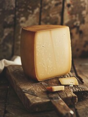 Wall Mural - A wedge of cheese is on a wooden cutting board