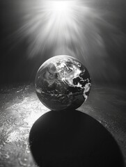 Wall Mural - a black and white photo of the earth with the sun shining on it. the photo has a moody and mysteriou