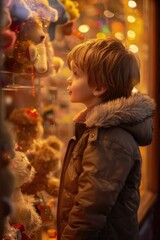 Poster - A young boy is looking at a display of stuffed animals. He is wearing a brown coat and he is interested in the toy bears