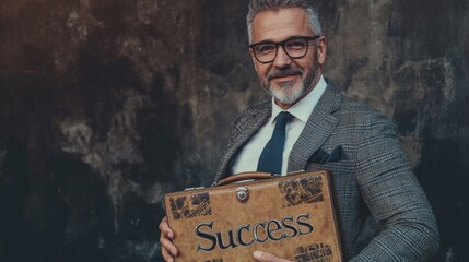 Wall Mural - Business middle-aged man in a great stylish suit, holding a briefcase with the inscription success