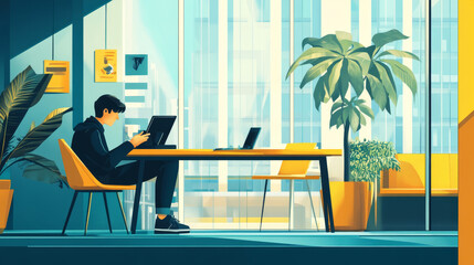 Poster - Modern Office Workspace with Laptop and City View - A young man sits at a desk by a large window, working on his laptop. The office is modern and stylish, with a potted plant, a city view, and natural