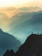 Poster - A mountain range with a few people standing on top of it. The mountains are covered in trees and the sky is a mix of blue and white