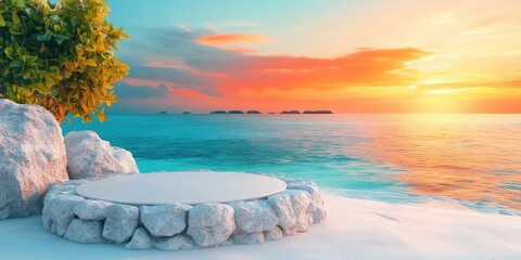 Canvas Print - Circular Platform on Beach with Rocks and Sunset