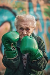 Wall Mural - A woman in a green jacket and gloves is posing for a picture. She is wearing boxing gloves and has a serious expression on her face. The image has a mood of determination and strength