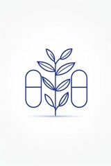 Wall Mural - A blue and white drawing of two pills and a leaf