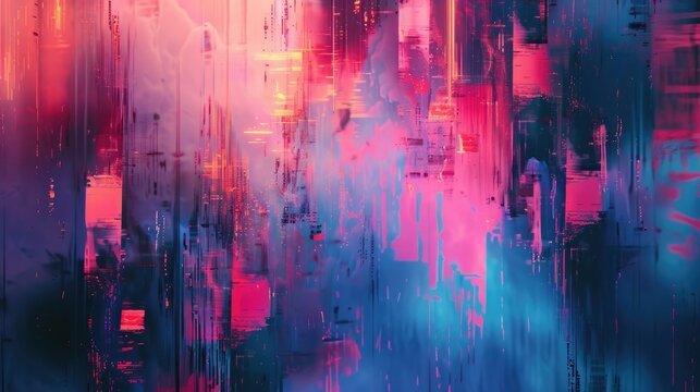 Digital glitches and vibrant colors create a futuristic, abstract background.