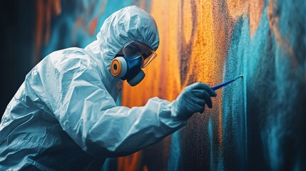 A person with dos protection nets a wall covered in graffiti with the help of a high-pressure jet of paint