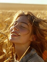 Wall Mural - A woman with long blonde hair is smiling and looking up at the sky. She is wearing a sweater and she is enjoying the warm weather