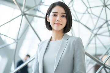 Confident businesswoman in a grey suit standing in a modern office, symbolizing professionalism and success.