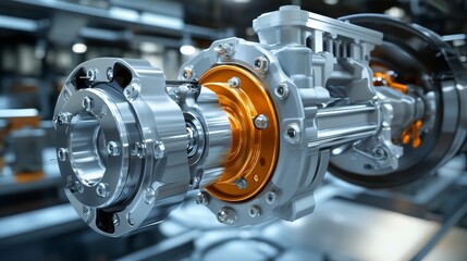 Poster - close-up of a silver and orange gearbox component, showcasing precision engineering, intricate detai