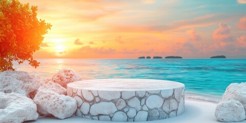 Canvas Print - White Stone Platform on a Tropical Beach at Sunset