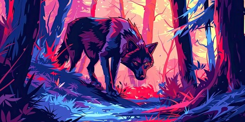 Wall Mural - Neon Wolf Prowling Through Colorful Forest