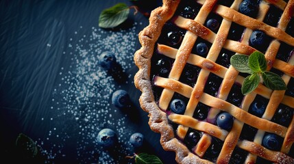 Food banner with blueberry pie on a gray background. Background with dessert with berries with a place for text.	
