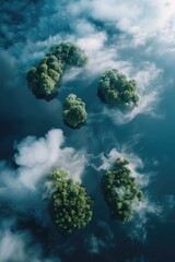 Poster - A group of islands are shown in the sky with clouds and smoke. The islands are surrounded by water and trees, creating a serene and peaceful atmosphere. The smoke in the sky adds a sense of mystery