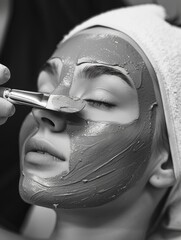 Wall Mural - A woman is getting her face painted with a greyish color. The woman is wearing a white towel