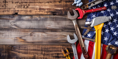 Wrenches and tools laid out with USA flag backdrop