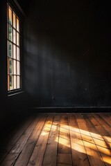 Wall Mural - A room with a window and a wooden floor. The room is empty and the sunlight is shining through the window