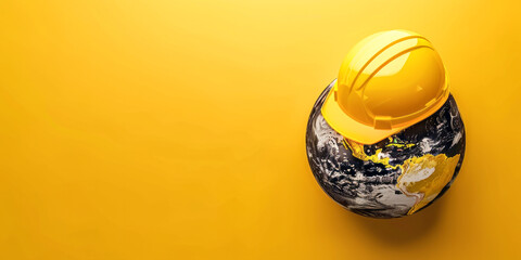 Global safety concept with earth and hard hat on yellow background