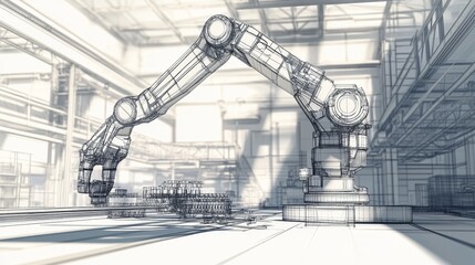 Poster - a robotic arm in a wireframe factory setting, symbolizing automation, industrial design, technologic