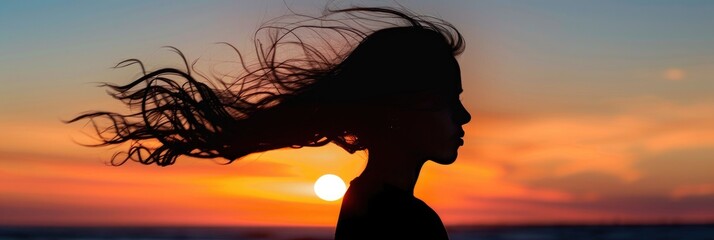 Poster - Silhouette of a Girl with Flowing Hair at Sunset