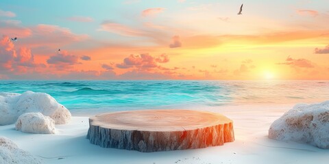 Wall Mural - Wooden Stump on a Sandy Beach at Sunset