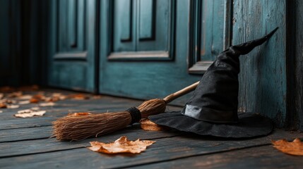 Witch's hat and broomstick leaning against a door.