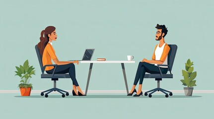 Poster - Business illustration: a man and a woman sitting on opposite sides of a table with a laptop, a book and a cup of coffee.