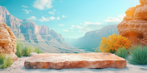 Wall Mural - A Stone Platform with a Mountainous Canyon Background