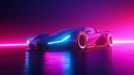 A car with neon lights on it is shown in a purple background