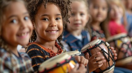 Happy Child Playing Musical Instruments in Music Class