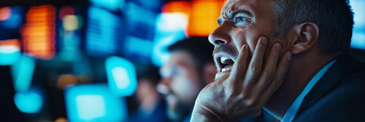 Poster - A man in a suit, looking stressed, sits in front of a screen with fluctuating stock market data. The image symbolizes anxiety, uncertainty, financial risk, and the pressure of trading.