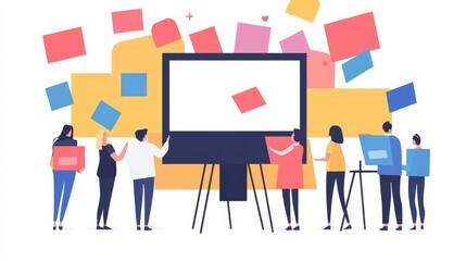 Poster - A team of diverse individuals standing around a large whiteboard, collaborating and brainstorming ideas, symbolizing teamwork, creativity, problem-solving, communication, and innovation.