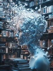 Poster - A bust made of books explodes with information, representing the power of knowledge and the boundless potential of the human mind. It symbolizes learning, growth, and the pursuit of understanding.