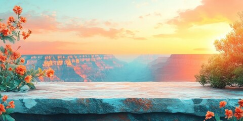 Wall Mural - Stone Platform Overlooking Grand Canyon at Sunset with Flowers