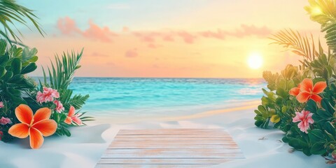 Canvas Print - Tropical Beach Sunset with Wooden Platform and Flowers