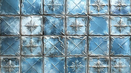 Poster - A close-up shot of a wall covered in blue tiles with intricate patterns, evoking a sense of nostalgia, history, and classic design.